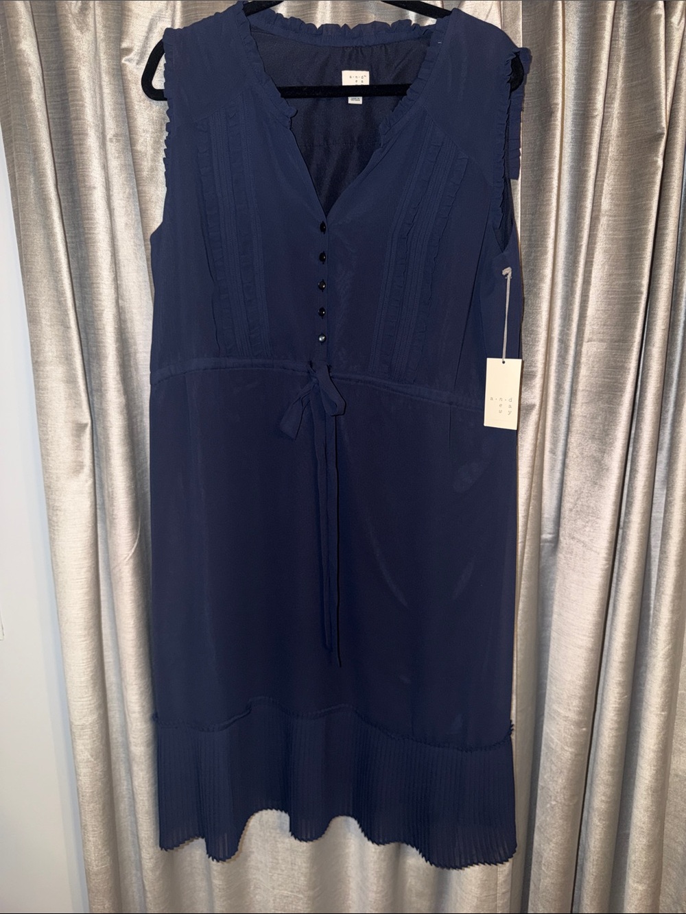 Navy Sleeveless V-Neck Midi Dress with Tie Waist